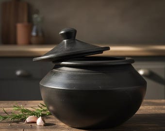 Olla de barro negro hecha a mano con tapa / Terracota sin esmaltar de 2 l Handi