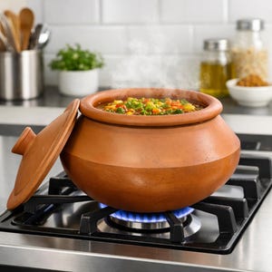 Kookpot van Indiase klei 2,5 l | Ongeglazuurd terracotta kookgerei | BPA-loodvrij gebruiksvoorwerp | Handgemaakt keukengerei Ayurdevisch koken | Aarden handwerk