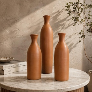 Terracotta Bottle Vase Set | Handmade Long Terracotta Vases made from Clay | Unglazed Clay Flower Pot | Decorative Pottery Art from India