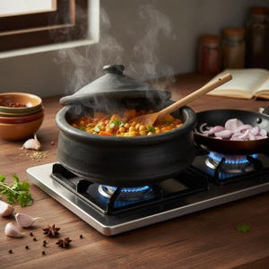 Könnte beinhalten: Ein dampfender schwarzer Topf aus Steingut mit Eintopf aus Kichererbsen, Karotten und Kräutern steht auf einem Gasherd. Ein Holzlöffel liegt im Eintopf. Eine kleine Pfanne mit geschnittenen roten Zwiebeln befindet sich auf dem angrenzenden Brenner.