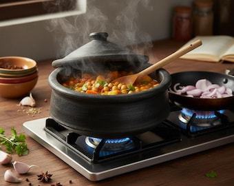 Cacerola de barro negro de 3 litros con tapa / Handi de terracota hecha a mano / Barro sin esmaltar / Cacerola india / Utensilios de cocina tradicionales de barro sin plomo