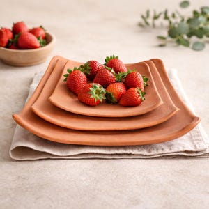 Juego de platos de arcilla para aperitivos / Bandeja cuadrada de terracota / Plato de cerámica hecho a mano para frutas / Plato rústico para baratijas / Juego de vajilla único