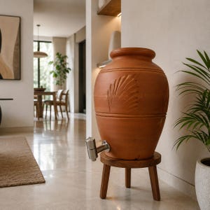 May include: A large, terracotta-colored ceramic water dispenser with a rounded body and a carved leaf pattern. It features a silver-toned metal spigot near the base and is supported by a small, round, three-legged wooden stand.