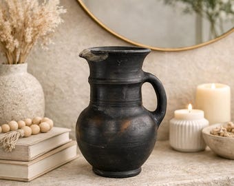 Antiker Keramik Krug | Terrakotta Krug | Steingut Vase Schwarzer Ton | Handgemachte Keramik Dekor | Wabi Sabi Tontopf | Erdiger alter Topf Geschenk