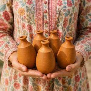 May include: A collection of five small, smooth, terracotta-colored clay vases with rounded bodies and narrow necks. The vases are held together in a cluster, showcasing their uniform matte finish and simple, bulbous shape against a floral fabric.