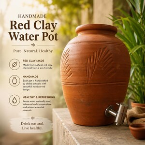 May include: A handmade red clay water pot featuring a carved leaf pattern on the exterior and a silver-toned metal spigot at the base. The text on the image reads: Handmade Red Clay Water Pot, Pure. Natural. Healthy., Red Clay Made, Handmade, Healthy & Refreshing, Drink natural. Live healthy.