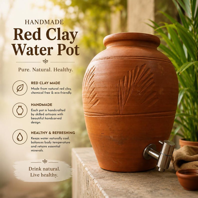 May include: A handmade red clay water pot featuring a carved leaf pattern on the exterior and a silver-toned metal spigot at the base. The text on the image reads: Handmade Red Clay Water Pot, Pure. Natural. Healthy., Red Clay Made, Handmade, Healthy & Refreshing, Drink natural. Live healthy.