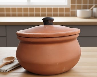 Clay cooking pot flat bottom | Handmade hot pot| Traditional Cooking Handi | Terracotta Donabe | Indian Cooking Pot | Unique Soup Pot 3L