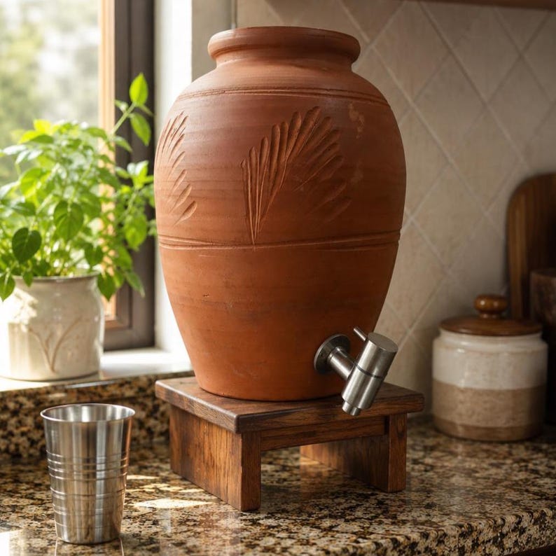 May include: A terracotta water dispenser with a wide neck and carved leaf patterns on the exterior. The vessel features a silver-toned metal spigot at the base and rests on a small, rectangular dark wood stand. A stainless steel cup sits nearby.
