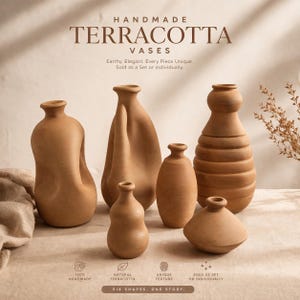 May include: A collection of six handmade terracotta vases in various shapes. The vases are earthy-toned and have a unique texture. The text on the image reads "HANDMADE TERRACOTTA VASES" and "SIX SHAPES, ONE STORY."