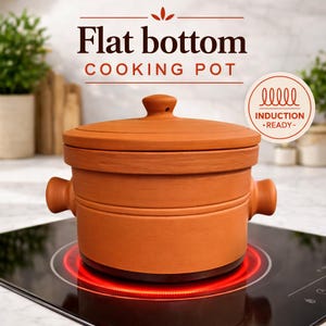 May include: A terracotta-coloured cooking pot with a flat base and a matching lid. The pot has two side handles and is labelled "Flat bottom COOKING POT" and "INDUCTION -READY-". The pot is on a black induction hob with a red heating element.