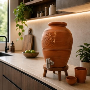 May include: A large terracotta water dispenser with a rounded body, carved leaf patterns, and a silver-toned metal spigot. The vessel rests on a small, circular wooden stand with four legs, accompanied by two matching terracotta cups of different sizes.
