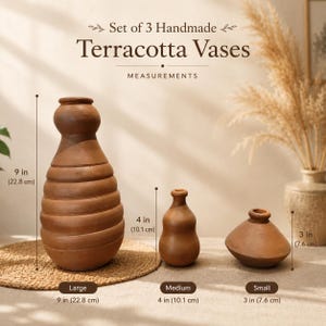 Puede incluir: Un juego de tres jarrones de terracota hechos a mano de diferentes formas y tamaños. El jarrón grande mide 22,8 cm de alto, el mediano 10,1 cm y el pequeño 7,6 cm. Cada pieza presenta un acabado de arcilla marrón natural y siluetas distintas.