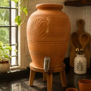 Op de afbeelding: Een grote terracotta waterdispenser met een wijde opening en uitgesneden bladpatronen aan de buitenkant. De houder is voorzien van een zilverkleurige metalen kraan aan de onderkant en rust op een ronde houten standaard met vier korte poten.