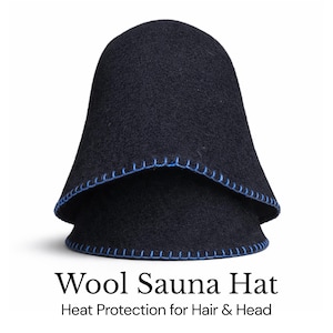May include: A dark navy blue felted wool sauna hat with a rounded crown and a wide brim. The edges of the brim and the folded section are finished with decorative bright blue blanket stitching. The text Wool Sauna Hat Heat Protection for Hair & Head is printed below the hat.