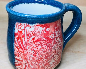 Red and Blue Floral Ceramic Mug