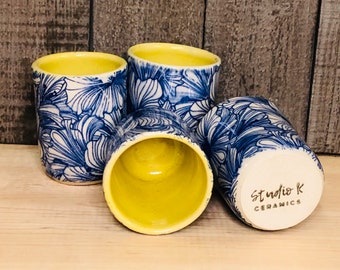 Set of Four Hibiscus in Blue Ceramic Cups