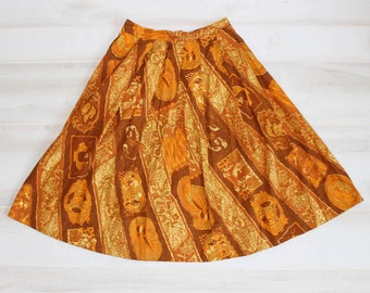 Vintage 50s Skirt, 1950s Full Skirt, Novelty Print Skirt, High Waisted Skirt, A Line Skirt, Yellow, Orange, Fall