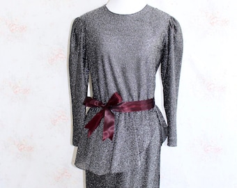 Vintage 80s Metallic Silver Peplum Party Dress, Puff Sleeve, Tulip Skirt