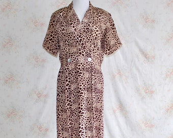 Vintage 90s Silk Leopard Dress, 1990s Animal Print Dress, Shirtdress, Collar Dress, Midi, Wrap Dress