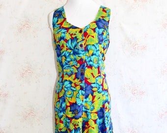 Vintage 90s Hawaiian Romper, 1990s Flower Print Jumpsuit, Tropical, Beach, Resort, Dress, Sleeveless, Mini