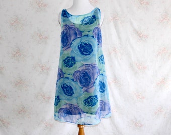 Vintage 90s Mini Dress, 1990s Floral Dress, Sheer, Tank, Sleeveless, Flower Print, Rose, Hipster