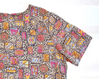 Vintage 80s Ethnic Print Blouse, 1980s Abstract Shirt, Top, Oversized, Boxy, Geometric, Boho, Funky, Short Sleeves