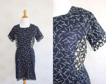 Vintage Linen Dress, Abstract Print, Minimalist, Modern, Navy, Black, Short Sleeve, Madewell