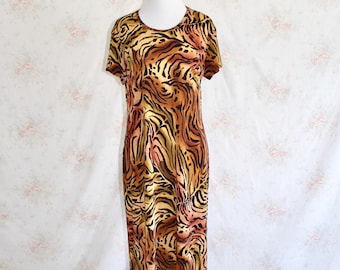 Vintage 90s Animal Print Dress, 1990s Stretch Maxi Dress With High Slit, Tiger, Y2K