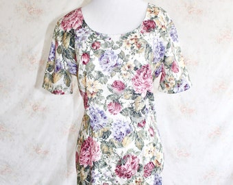 Vintage 80s Garden Party Dress, 1980s Cottagecore Dress, Floral Rose Print, Brocade, Romantic, Pastel