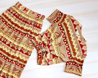 Vintage 80s Silk Blouse Skirt Set, 1980s 2 Piece Set, Matching Set, Abstract Geometric Print, Boho, Boxy, Midi, Paisley