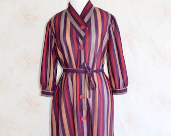 Vintage 70s Striped Dress, 1970s Knit Dress, Shirtdress, Button Dress, Fall Dress, Puff Sleeves, Minimalist, Secretary, Midi