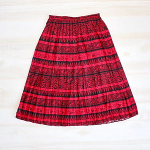 Vintage 80s Boho Skirt, 1980s Pleated Midi Skirt, Floral Paisley Print, Red, Black image 2