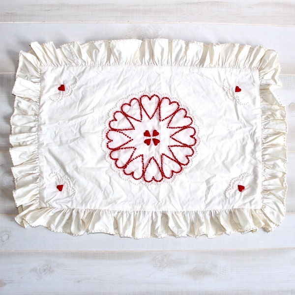 Vintage Embroidered Pillowcase, Hearts, Ruffles, White, Red, Sham, Handmade, Cotton, Cute, Valentine