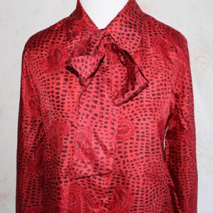 Vintage Silk Blouse, Pussy Bow, Ascot, Paisley Print, Geometric, Red, Long Sleeve, Satin, Secretary, Puff Sleeves image 1