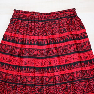 Vintage 80s Boho Skirt, 1980s Pleated Midi Skirt, Floral Paisley Print, Red, Black image 1