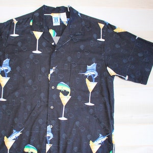 Vintage 90s Martini Cocktail Shirt, 1990s Novelty Print Shirt, Bartender, Camp, Hawaiian, Vacation, Tropical Fish, Button Up image 1