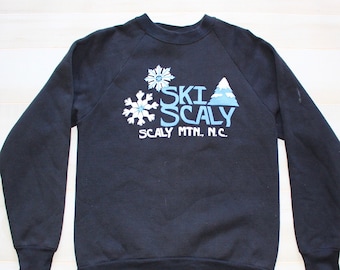 Vintage 1980s Ski Sweatshirt, Crewneck, Souvenir, Black, Graphic, North Carolina, Snowflake