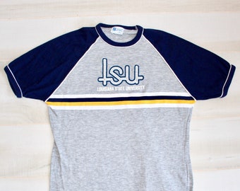 Vintage 80s Louisiana State University T Shirt, 1980s College Raglan Tee, Short Sleeve, Graphic, Striped, LSU, Single Stitch