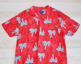 Vintage 90s Palm Tree Shirt, 1990s Vacation Shirt, Tropical, Novelty Print, Hawaiian, Summer, Beach, Button Up, Short Sleeve, Pixel Art