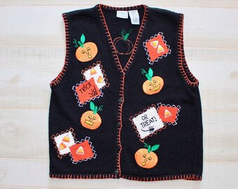 Vintage Halloween Ugly Sweater Vest, Novelty, Grandma, Holiday, Fall, Pumpkin, Candy