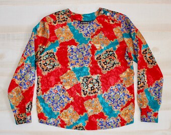 Vintage 80s Paisley Print Blouse, 1980s Red Satin Blouse, Scarf Blouse, Shoulder Pads, Long Sleeves