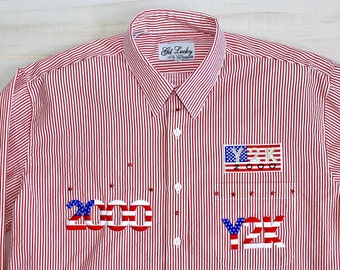 Vintage Y2K New Years Shirt, Striped Shirt, 2000, American Flag, Patriotic, Button Up, Collar, Dress Shirt