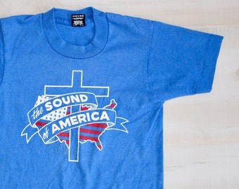 Vintage 80s Christian T Shirt, 1980s "The Sound Of America" Tee, Cross, USA, American Flag, Religious, Graphic, Single Stitch, Kids, X-Small