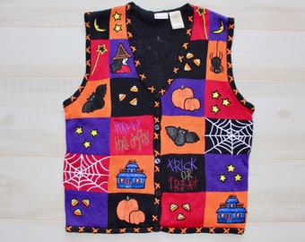 Vintage Halloween Ugly Sweater Vest, Novelty, Grandma, Holiday, Fall, Pumpkin, Witch, Spider