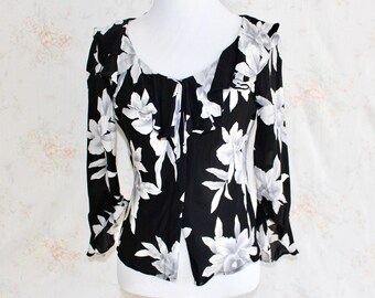 Vintage 90s Ralph Lauren Silk Blouse, Ruffle Collar Floral Top