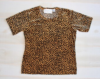 Vintage 90s Velvet Shirt, 1990s Leopard Print Blouse, Short Sleeve, Slinky, Stretchy, Animal Print