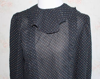 Vintage 80s Secretary Blouse, 1980s Ruffle Blouse, Ascot, Puff Sleeves, Semi-Sheer, Black, Geometric Print, Top