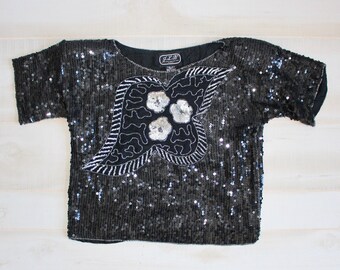 Vintage 80s Sequin Top, 1980s Beaded Blouse, Black, Party, Silver, Disco, Silk