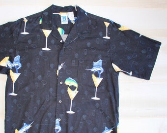 Vintage 90s Martini Cocktail Shirt, 1990s Novelty Print Shirt, Bartender, Camp, Hawaiian, Vacation, Tropical Fish, Button Up